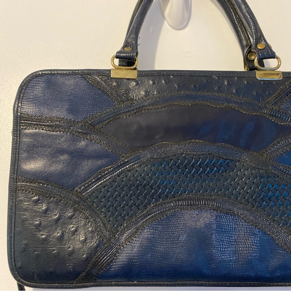 Vintage Caprice Leather Snakeskin Patchwork Navy Blue Handbag - Picture 7 of 16